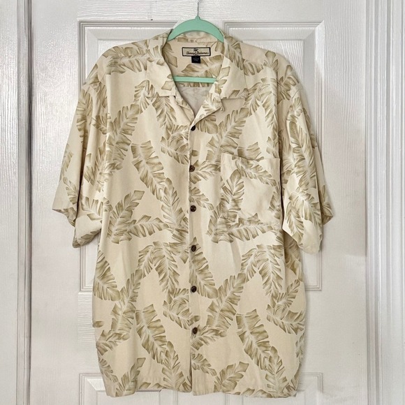 Tommy Bahama Other - Tommy Bahama Mens Large Silk Palm Leaf Print Camp Shirt Tan Cream Tropical